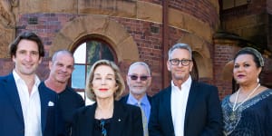 Museum proponents City of Sydney councillor Lyndon Gannon,former footballer Ian Roberts,ABC chair Ita Buttrose,Qtopia chair David Polson and chief executive Greg Fisher,and trans and gender diversity educator Katherine Wolfgramme outside the historic Darlinghurst police station in May last year.