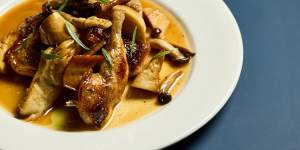 Quail with king and oyster mushrooms.