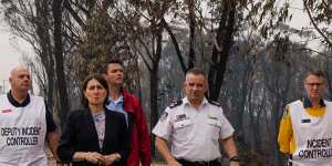 NSW Premier Gladys Berejiklian and RFS Deputy Commissioner Rob Rogers visit The Darling Causeway,Mt Victoria on Monday.
