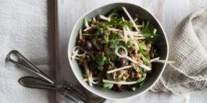 Pair this delicious autumnal apple,lentil,grape and watercress salad with sausages for a meal. 