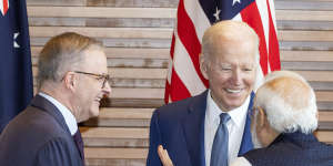 Albanese,Biden and Modi share a laugh during the group photo at the Quad leaders’ meeting.