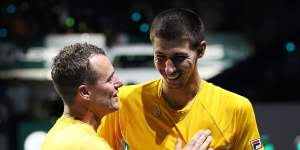Congratulating Alexei Popyrin after his win against Finland’s Otto Virtanen,a victory that put Australia into the Davis Cup final for the second successive year.