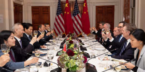 Secretary Steven Mnuchin and US Trade rep Robert Lighthizer with Chinese Vice Premier Liu He and the Chinese delegation at a working dinner during the 13th round of trade negotiations. 
