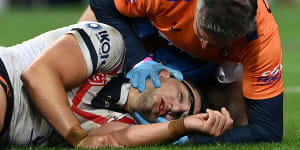 Roosters star Victor Radley after a head knock during a game against the Storm in August.
