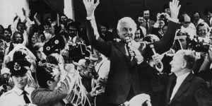 Gough Whitlam addresses the crowd outside Parliament House in Canberra.