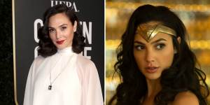 Not all heroes ... Gal Gadot at the Golden Globes (left) and as Wonder Woman.