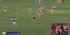 The moment in question:Brayden Maynard collides with Angus Brayshaw.