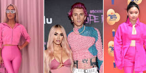Barbiecore squad:Kim Kardashian in Balenciaga on Instagram,Megan Fox in Nensi Dojaka and Machine Gun Kelly in Chet Lo in Los Angeles,and Lana Condor in Valentino at the MTV Awards.