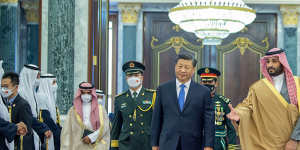 Chinese President Xi Jinping,left,is greeted by Saudi Crown Prince and Prime Minister Mohammed bin Salman,at Al Yamama Palace in Riyadh,Saudi Arabia,in December.
