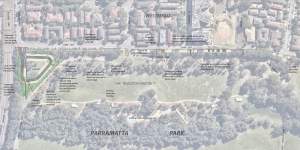 Map of Parramatta Park,which shows the proposed clearing of trees for car parking.