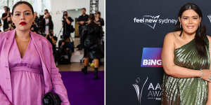 Nakkiah Lui in Bondi Born at Australian Fashion Week in May and weearing Oscar de la Renta at the AACTAs.