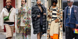 Winter ways to wear shorts:(From left) Influencer JS Roques wearing Bottega Veneta shorts in January at Paris Fashion Week;Influencer Abdulla Al Abdulla wears Louis Vuitton floral shorts with matching tights outside the Louis Vuitton show;US fencer Miles Chamley-Watson wears a checkered coat with striped shorts;A guest wearing white fluffy shorts with neon orange nylon pants outside BlueMarble;Bryanboy wearing Chanel shorts with black high leather boots outside the Chanel show.