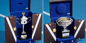 The Daphne Akhurst Memorial Cup for women and Norman Brookes Challenge Cup for men trophy cases by Louis Vuitton in partnership with the Australian Open. 