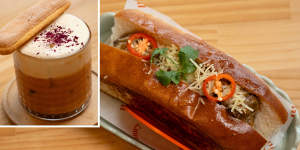 BKK Laboratory’s Tiramisu Thai milk tea drink (inset) and massaman wagyu meatball sub.