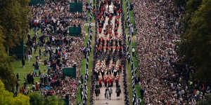 The Ceremonial procession of the coffin of Queen Elizabeth II travels down the Long Walk as it arrives at Windsor Castle for the Committal Service at St George’s Chapel.