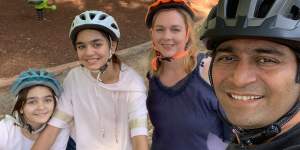 Anisha Digumarti,10;Ishika Digumarti,12;Michaela Sargent and Rama Digumarti,an Indooroopilly family who have been out cycling since the pandemic began.