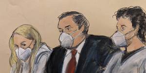 In this courtroom sketch,attorney Sam Enzer,centre,sits between Heather Morgan,left,and her husband,Ilya “Dutch” Lichtenstein,in federal court in New York.