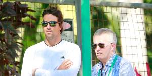 Pat Rafter with Tennis Australia CEO Craig Tiley after Tomic was dumped from the Australian Davis Cup team for making a range of defamatory accusations against the governing body and its staff in 2015.