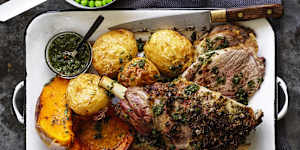 Adam Liaw's'crying'roast lamb with pumpkin,peas and potatoes.