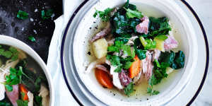 Neil Perry's'spring'pot au feu with poached chicken breast.
