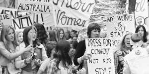 The long battle:Women march in Melbourne for International Women’s Day in 1975.
