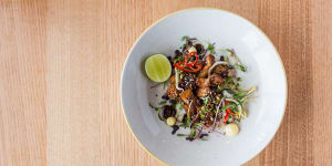 The sticky fried pork belly entree is dished up as a simple Asian-style salad