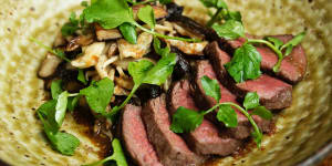 Japanese style:Wagyu rump cap with mushroom and Japone sauce.