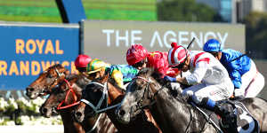 Celestial Legend charges through late to win the Randwick Guineas in March.