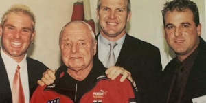 Warne and Berry with great St Kilda figures Danny Frawley and Jack Barker,father of Trevor.