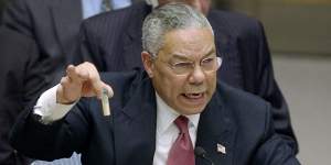Colin Powell holds up a vial he said could contain anthrax as he presented evidence of Iraq’s alleged weapons programs to the UN Security Council in 2003.