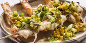 King prawns with chargrilled sweetcorn salsa.