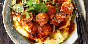 Adam Liaw's simple recipe for sausages in sugo with creamy polenta.