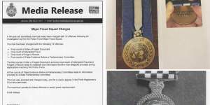 Clockwise from left:The statement almost a year after the first revelations (seven of the 14 charges were later dropped after it was deemed not in the public interest to pursue them);photos of medals Urban provided to the parliamentary inquiry,supposedly for his service in Cyprus;a close-up of a Police Overseas Service Medal. 