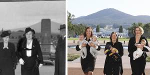 Labor MPs Anika Wells,Kate Thwaites and Alicia Payne return to Parliament from maternity leave in March 2021,paying homage to a 1943 photo of Dorothy Tangney and Dame Enid Lyons entering the front door of Old Parliament House.