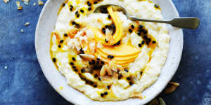 Soothing mango and passionfruit rice pudding.