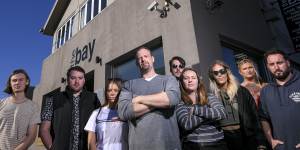 Staff of The Bay in Mordialloc rallying outside the pub that has shut down without notice.