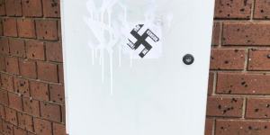One of the swastika stickers put up in Caulfield on May 12.