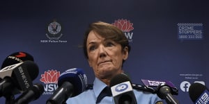 NSW Police Commissioner Karen Webb during a press conference updating on Strike Force Ashfordby,investigating the murder of Jesse Baird and Luke Davies. Sydney,NSW. February 26,2024. Photo:Kate Geraghty
