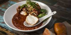 Singapore chilli soft-shell crab with fluffy man tao buns.