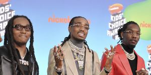 Takeoff,from left,Quavo and Offset,of Migos,appear at the Nickelodeon Kids’ Choice Awards in Los Angeles in 2019.