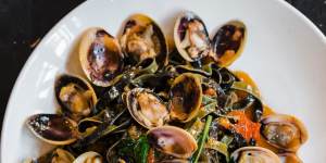 Saffron and squid ink linguine,Eyre Peninsula clams,tomato and basil at Lulu La Delizia.