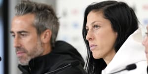 Jennifer Hermoso (right) and sacked head coach Jorge Vilda at Eden Park before Spain’s World Cup semi-final.