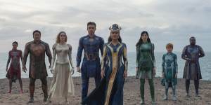 Eternals (from left) Gilgamesh (Don Lee),Thena (Angelina Jolie),Ikaris (Richard Madden),Ajak (Salma Hayek) and Sersi (Gemma Chan).