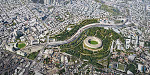 Aerial view of the proposed Brisbane Stadium at Victoria Park. Not shown is the National Aquatic Centre and th warm-up track,which will be between the stadium and the Inner-City Bypass.
