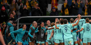 The Matildas celebrate their fourth goal during the FIFA Women’s World Cup Group B match between Australia and Canada.