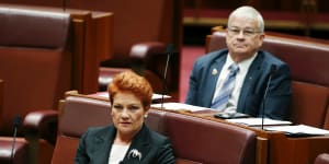 Senators Pauline Hanson and Brian Burston in the Senate last year.