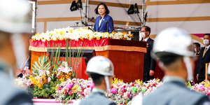 Tsai Ing-wen,Taiwan’s president,speaks during the National Day celebration in Taipei in October. She said the island is facing “unprecedented challenges” and will defend its sovereignty.