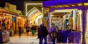 A bazaar comes alive at night in Bukhara,Uzbekistan.