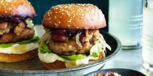 Frankenfood:Turducken burger with bacon and brown bread stuffing.
