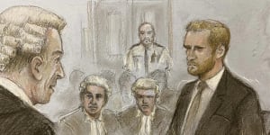 A court artist sketch of Prince Harry being cross-examined by Andrew Green KC,in London in June. He Harry is the first senior British royal for more than 130 years to give evidence in court.
